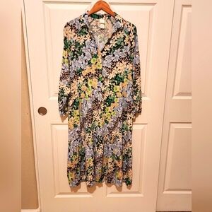 H&M Blue Green Floral Midi Collared Shirt Dress Size M